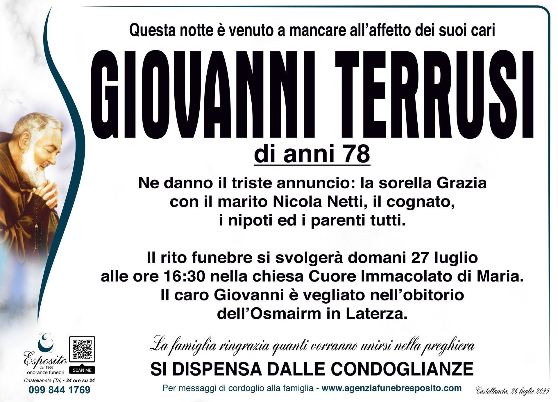 necrologio Giovanni Terrusi
