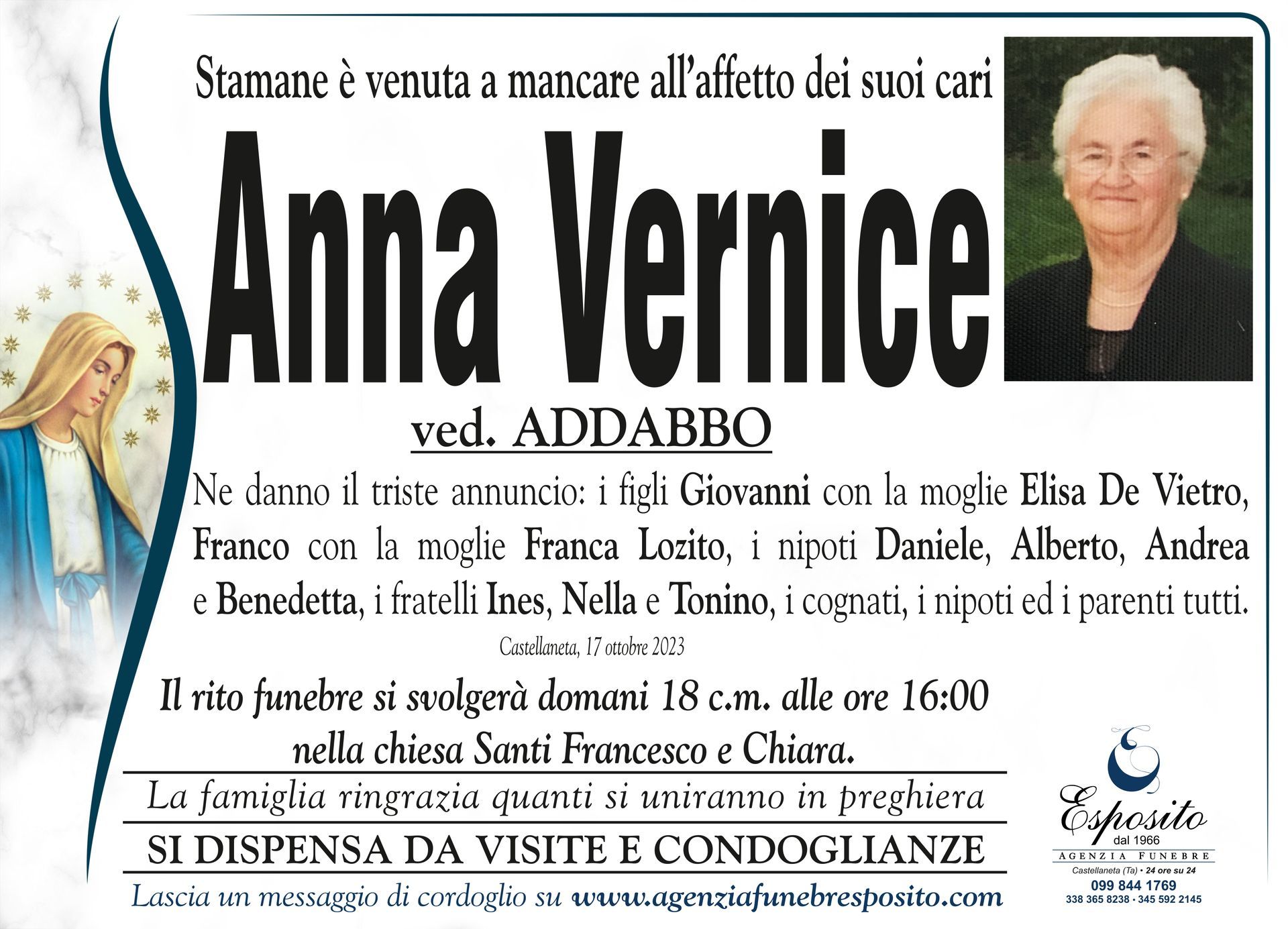 necrologio Anna Vernice