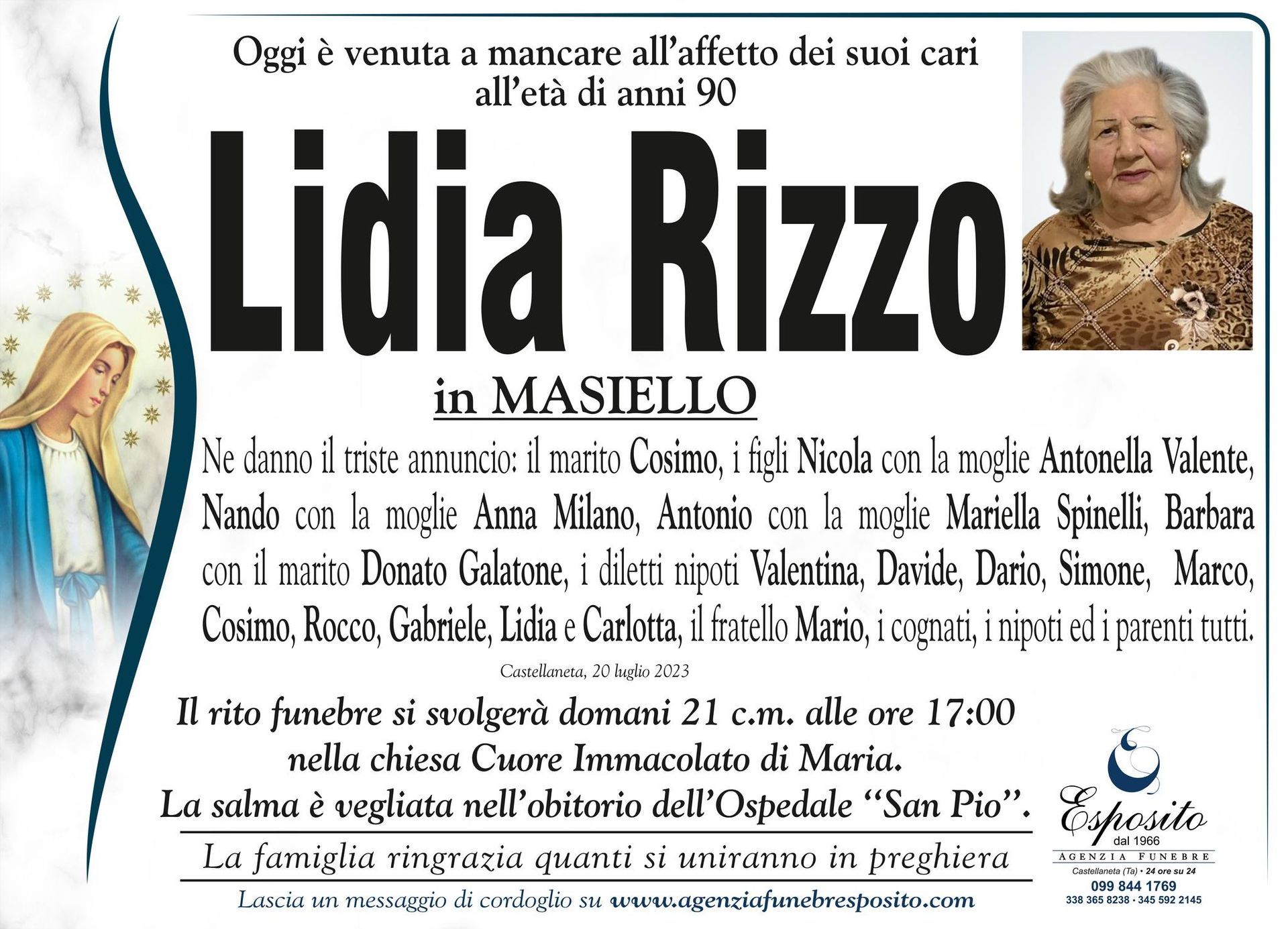 necrologio Lidia Rizzo