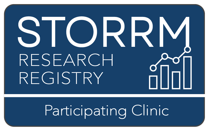 A blue sign that says storm research registry participating clinic