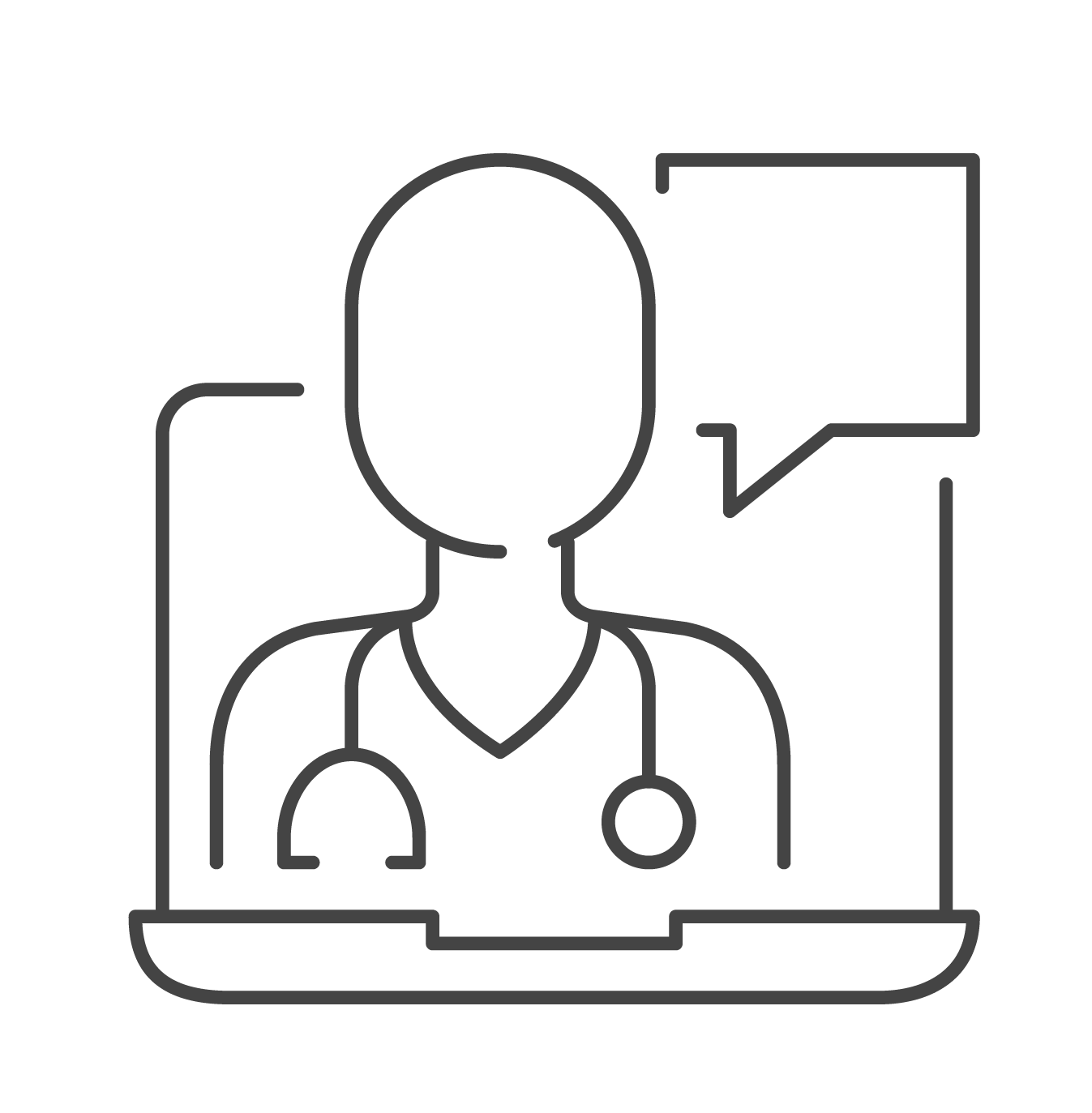 A line drawing of a doctor with a stethoscope talking on a laptop.