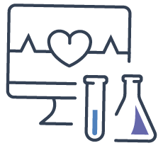 A computer monitor with a heartbeat and two test tubes.