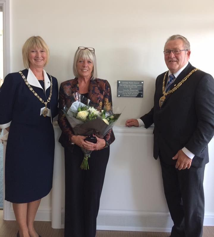 Councillor Jennifer Bell, Councillor Barbara Armstrong Chairman of Cornsay Parish Council and Councillor Edward Bell Chairman of Durham County Council at the official opening of Hamsteels Community Centre