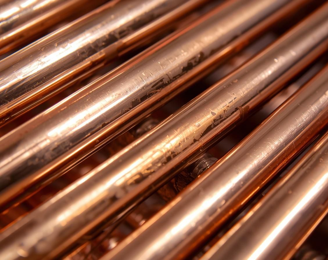 Close-up of shiny copper pipes stacked diagonally, reflecting warm light