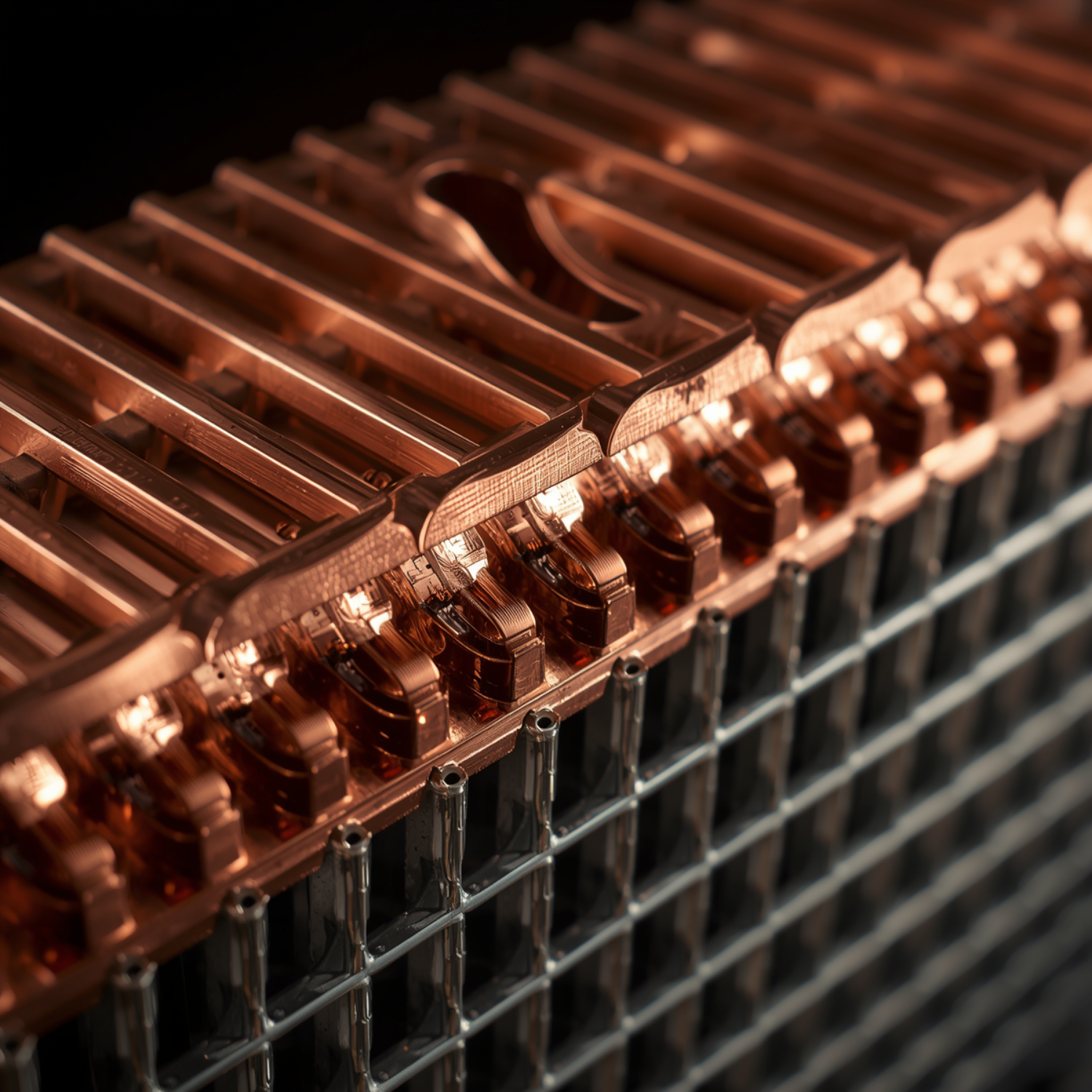 Close-up of shiny copper pipes stacked diagonally, reflecting warm light
