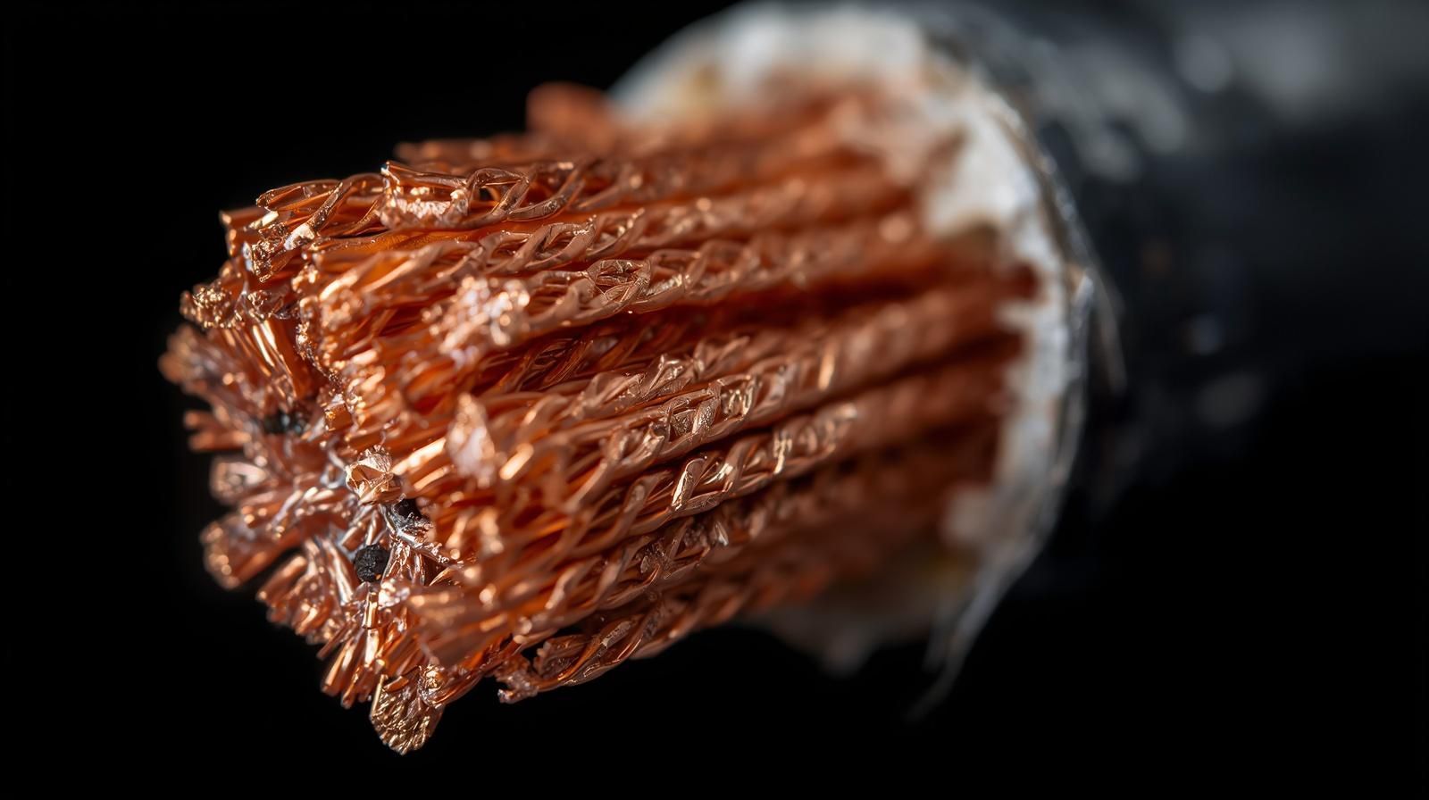 Close-up of a copper electrical cable with exposed braided strands and black insulation
