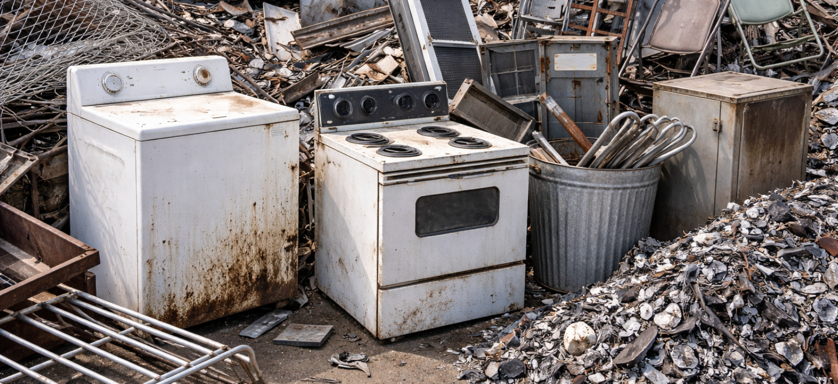 Discarded appliances and scrap metal piled in a junkyard or demolition site, with rusty washer, stove, and bins