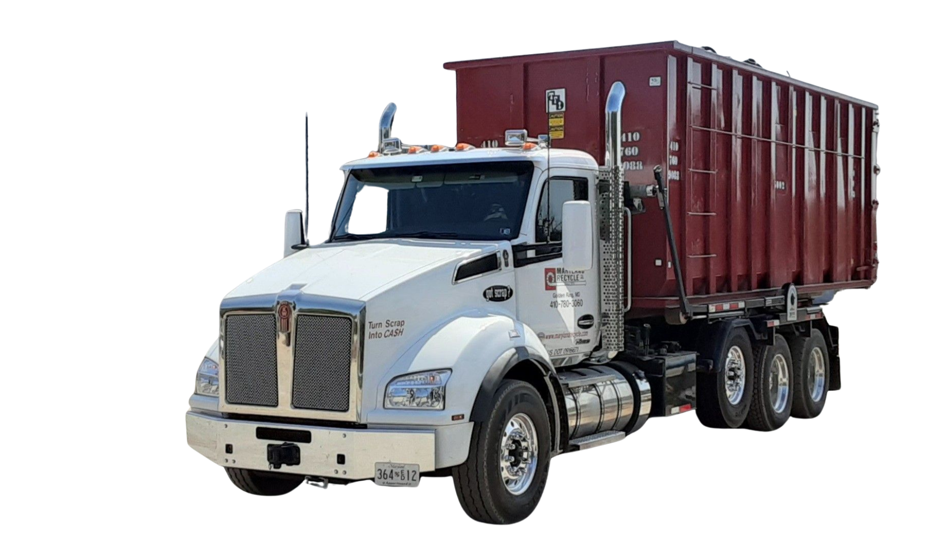 A white Kenworth roll-off truck with a large, maroon-colored dumpster container attached to its flatbed.