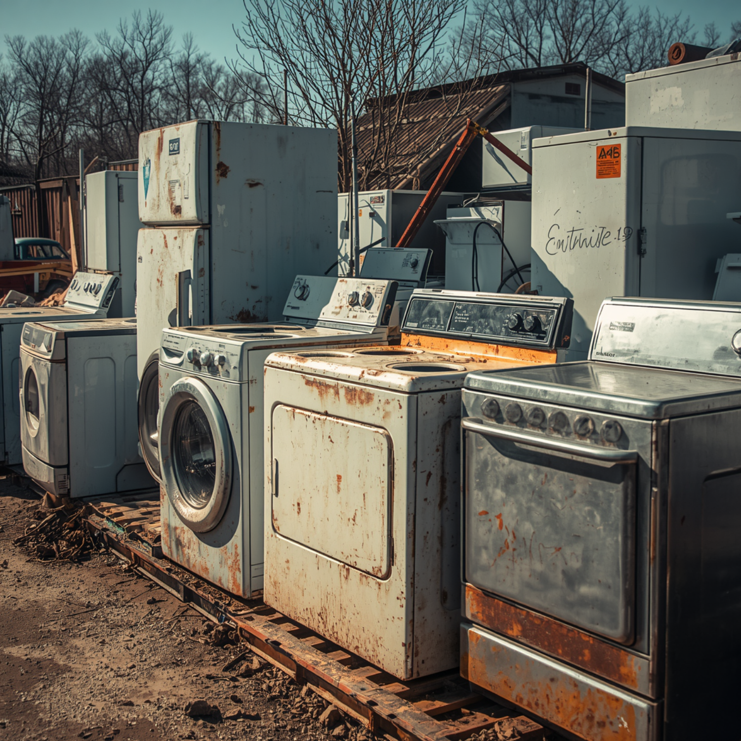 Row of old, rusted washers and dryers stacked outdoors in a junkyard under bare trees