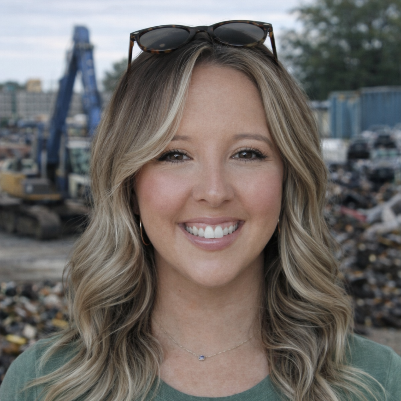 A smiling person with shoulder-length blonde hair and sunglasses on their head, standing in a construction equipment yard.