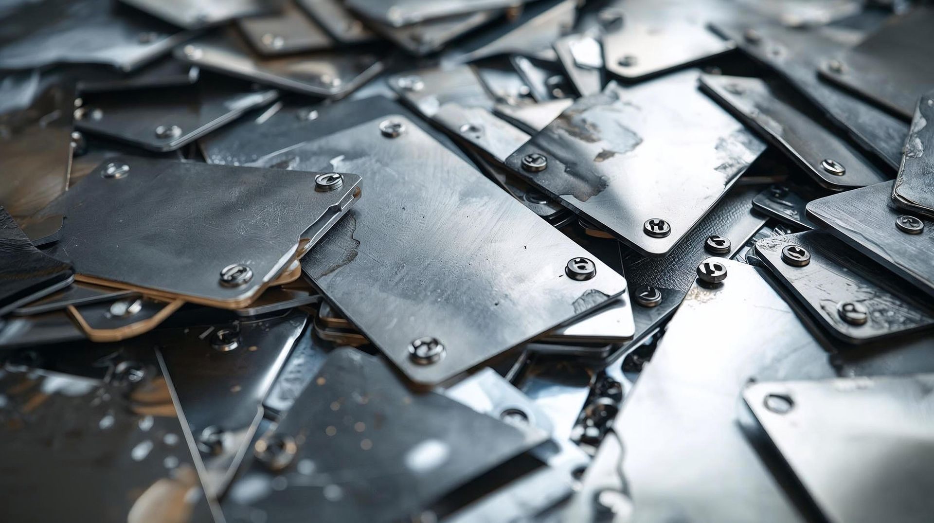 Stacked black metal plates with rivets, overlapping in a close-up abstract pattern
