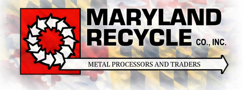 Logo for Maryland Recycle Co., Inc. featuring a circular recycling icon over a red square and a Maryland state flag background.