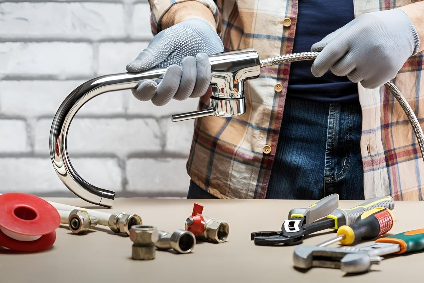 Man is Fixing a Sink Faucet With a Wrench — Wet & Dry Plumbing & Gas in Westbrook, QLD