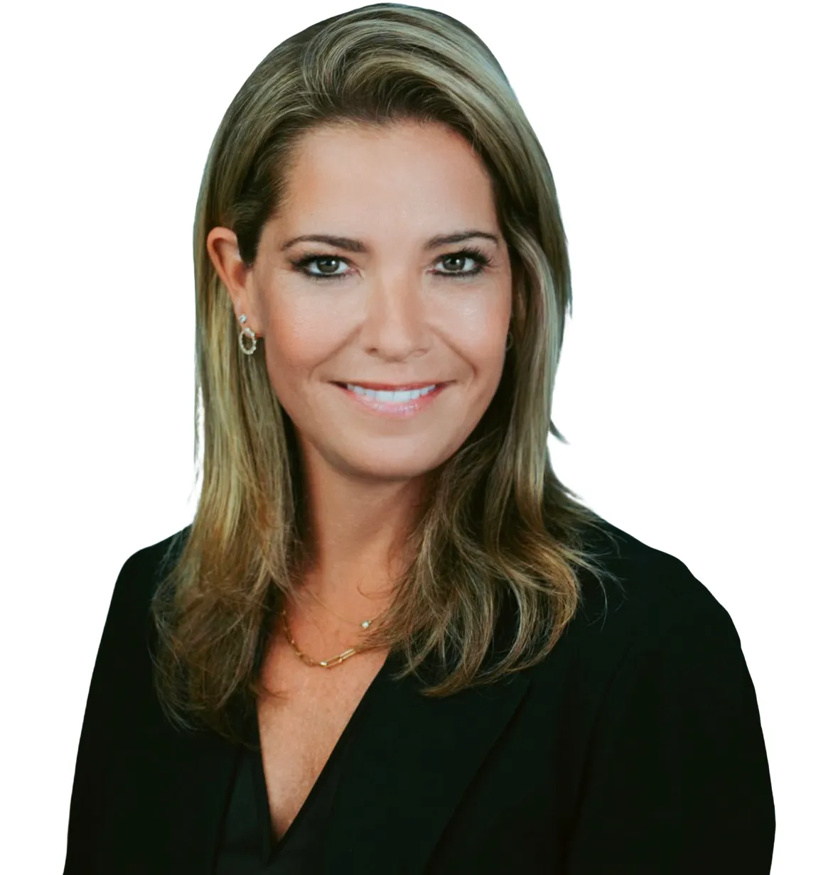 Woman with blonde hair wearing a black jacket, smiling.