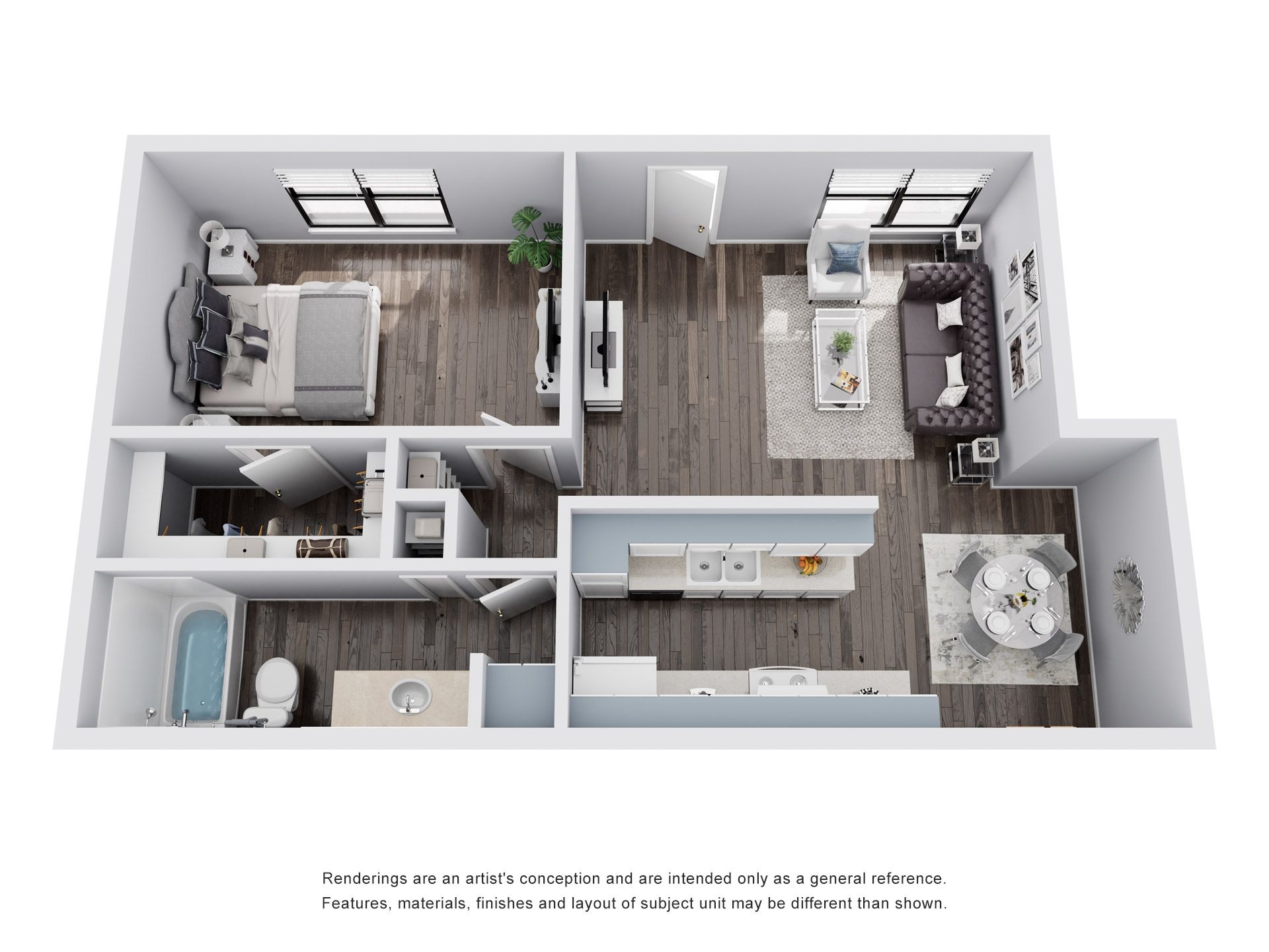 Floor plan of a one-bedroom apartment with living room, kitchen, and bathroom.
