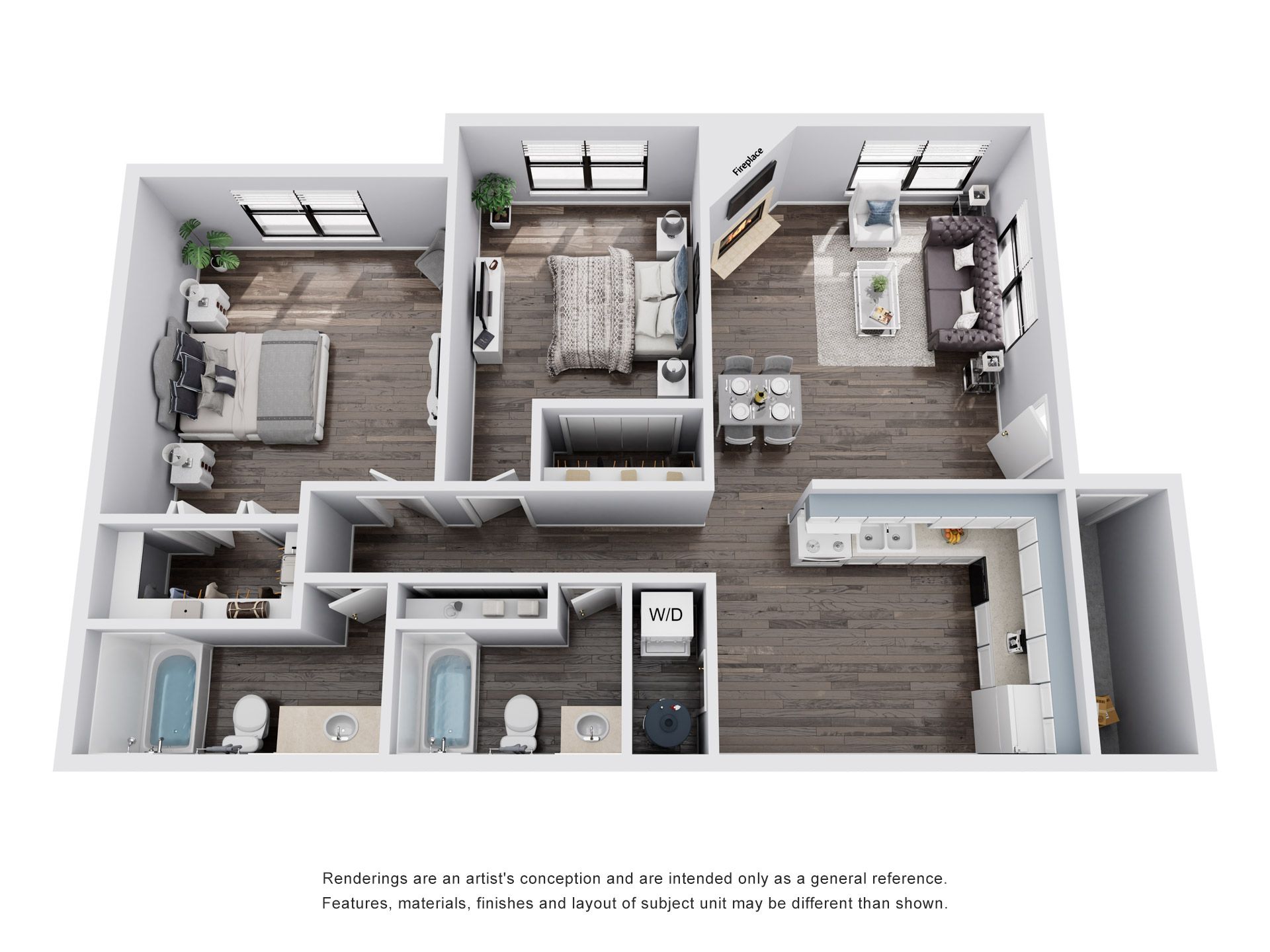 Floor plan of a two-bedroom apartment. Dark wood flooring, open layout with living, dining, kitchen, and bathroom.
