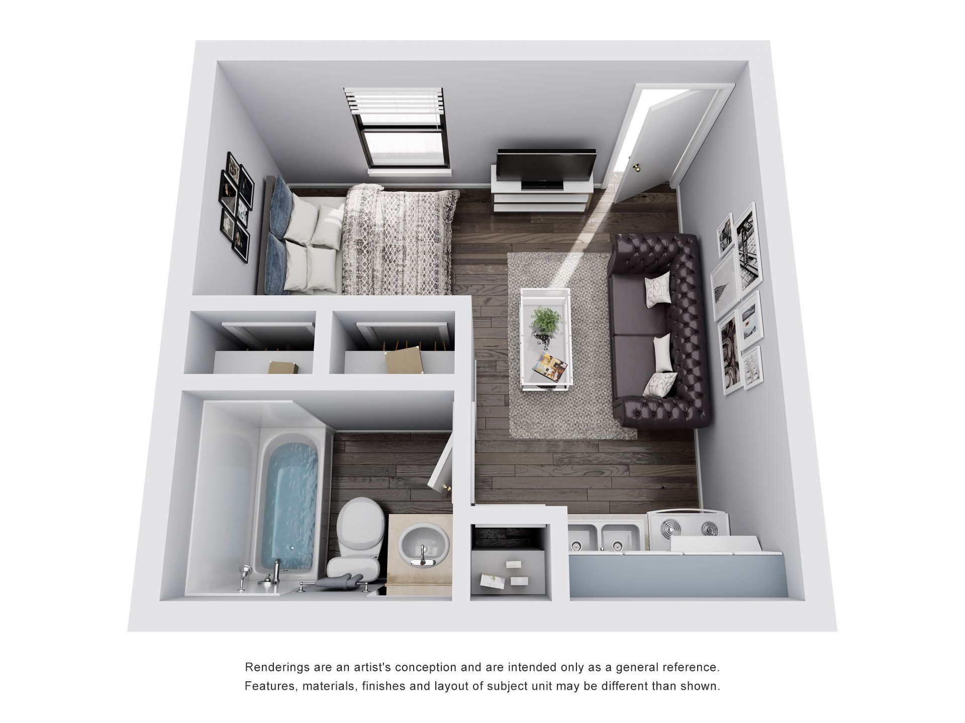 Overhead view of a small apartment layout: bedroom, bath, living area with sofa, kitchen.