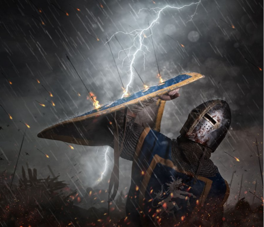 A warrior holding a shield against the enemy's arrows, with a lightning bolt behind him. Fight Porn