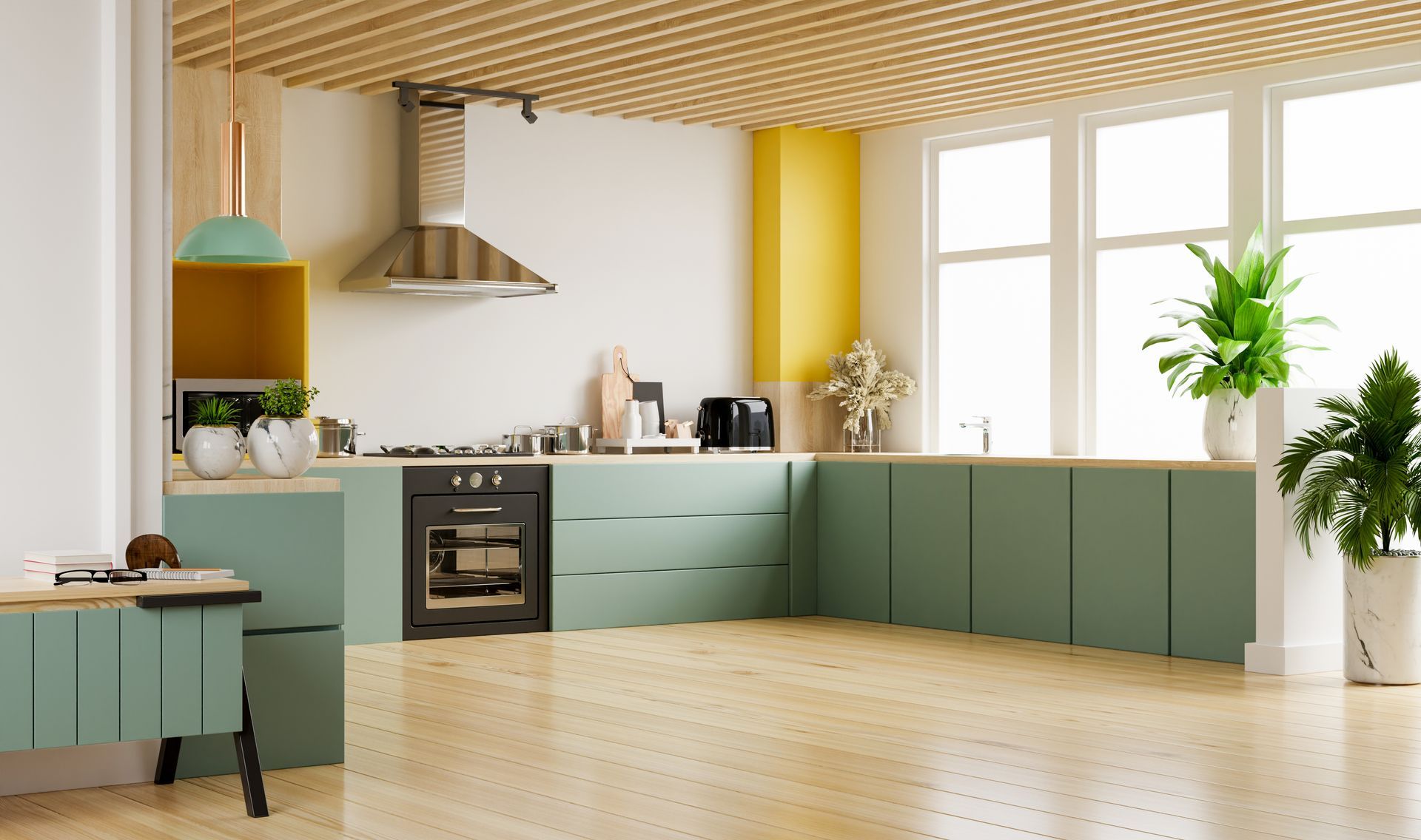 A kitchen with green cabinets , a stove , a sink , and a lot of windows.