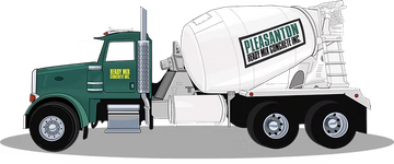 White cement mixer truck with green cab and Pleasanton logo on the drum, side view White cement mixer truck with green cab and Pleasanton logo on the drum, side view