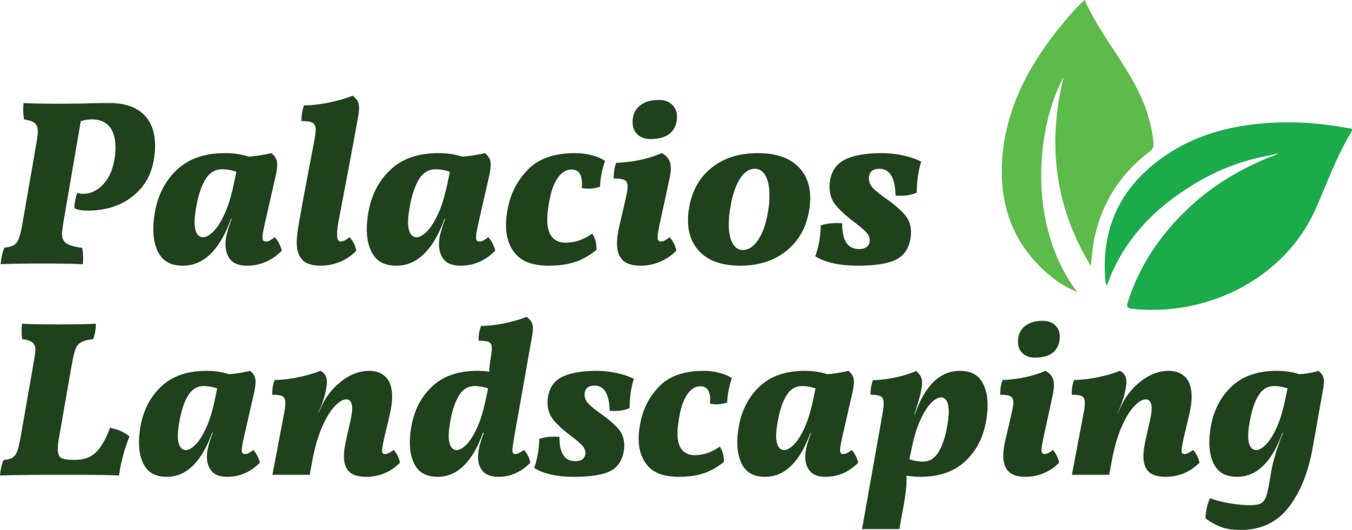 The logo for palacio landscaping has a green leaf on it.