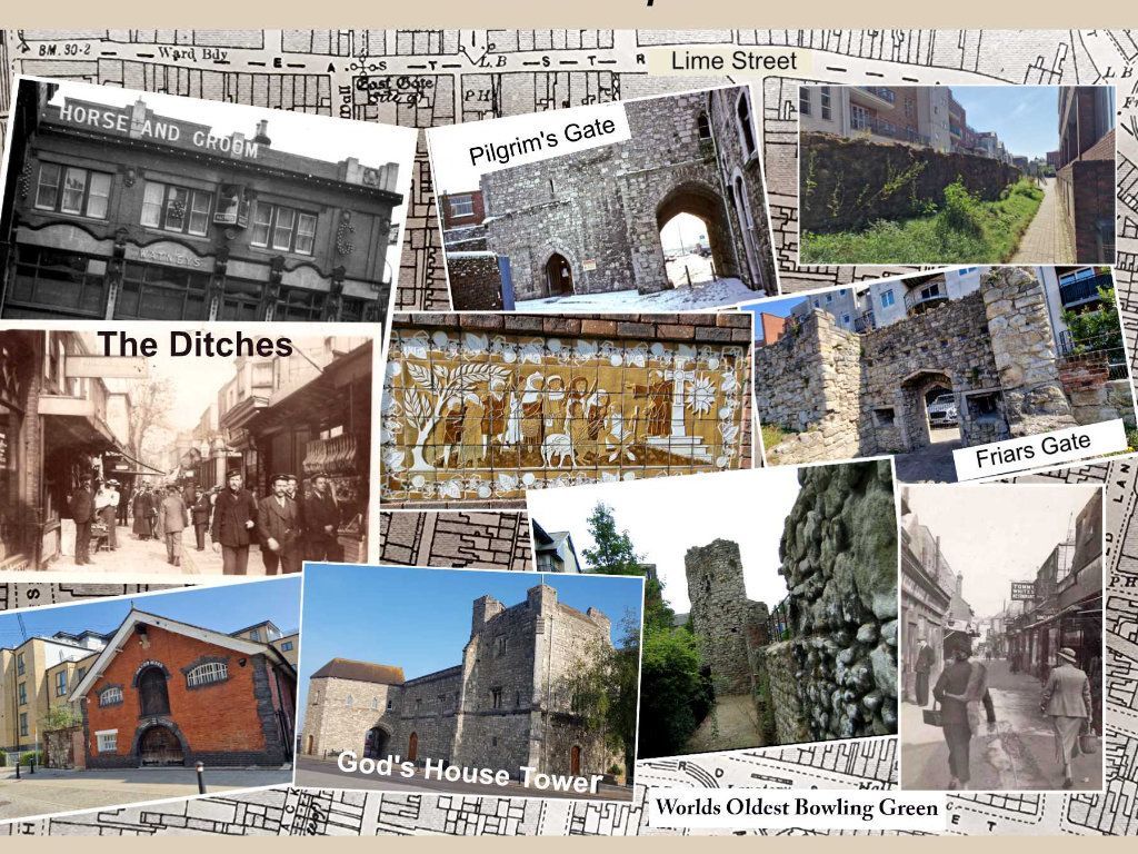 A collage of old photographs of buildings including the ditches