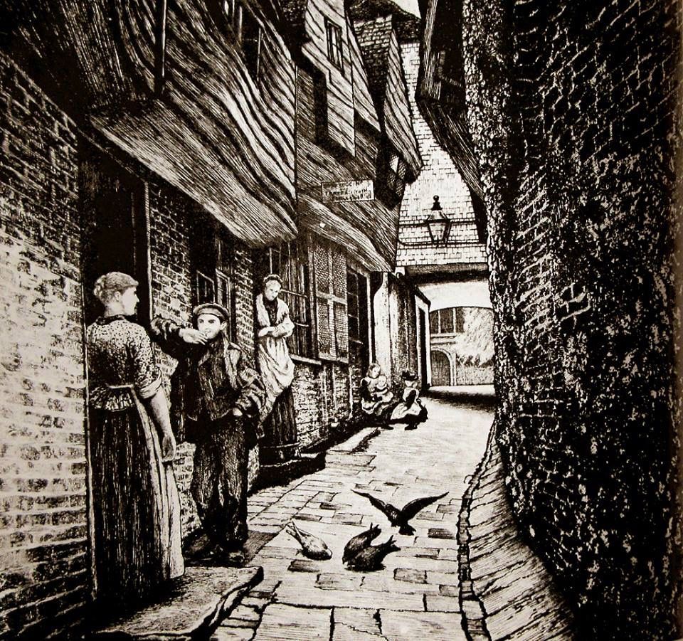 A black and white drawing of a narrow alleyway with people and birds