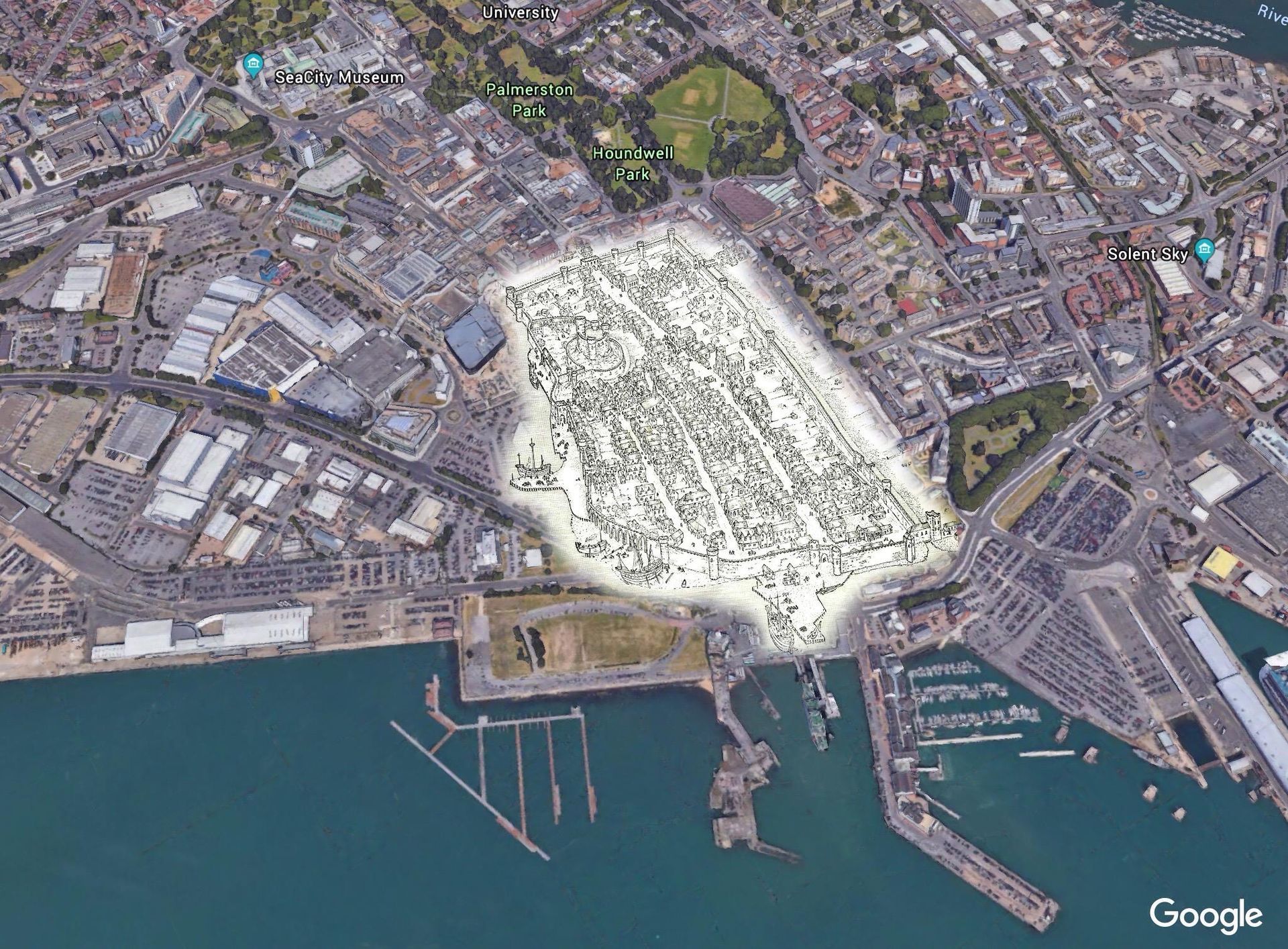 An aerial view of a city with a large white area in the middle.