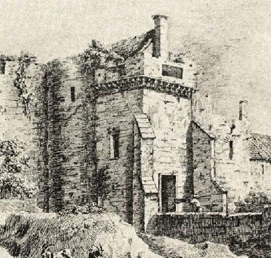 A black and white drawing of a castle on top of a hill.