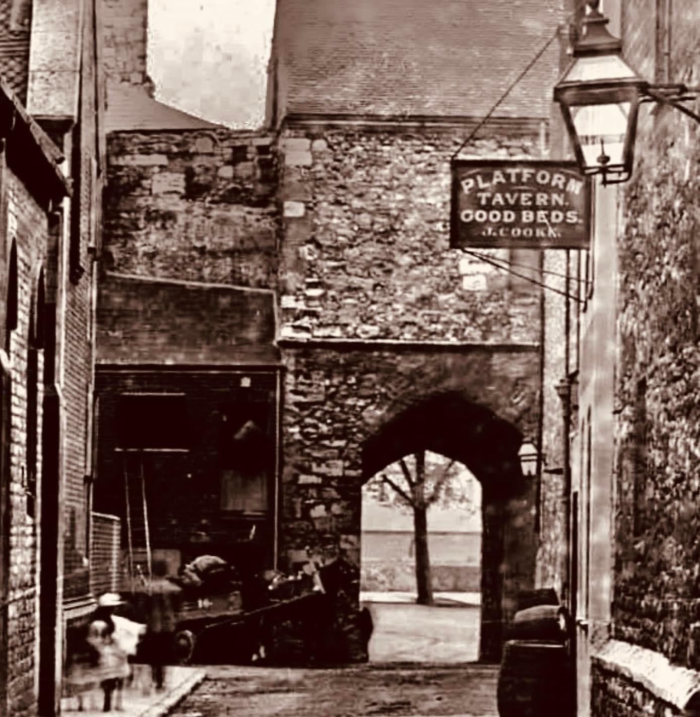 A black and white photo of the platform tavern good brothers