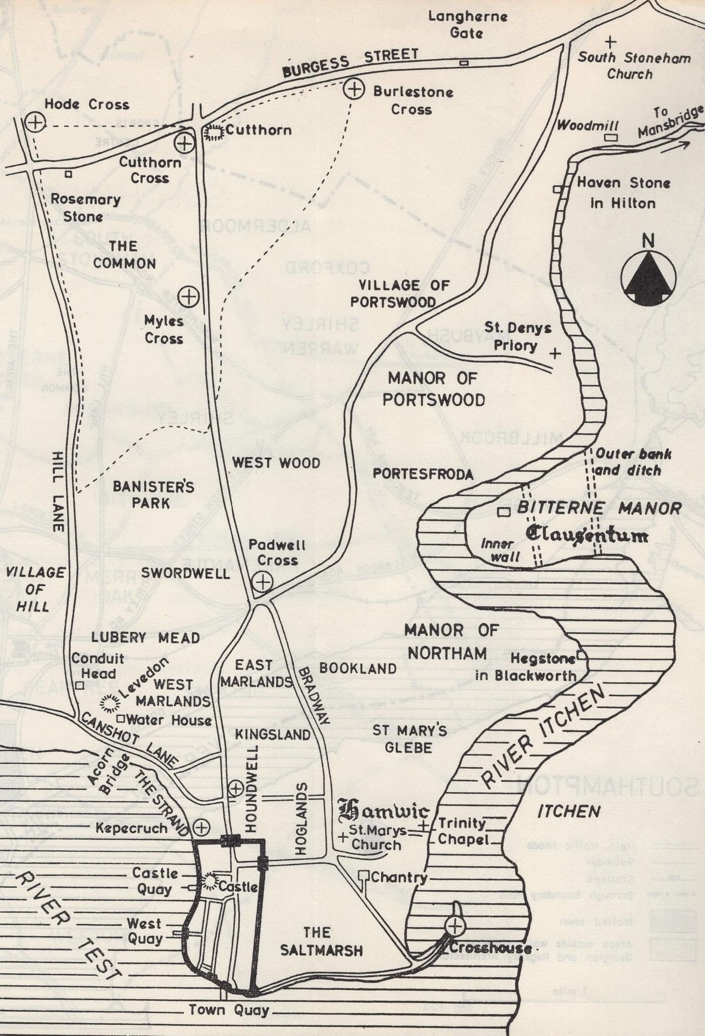 A black and white map shows a river and a few roads
