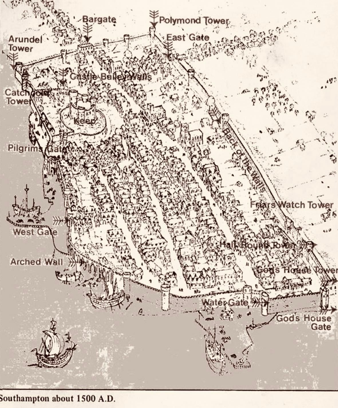 A black and white map of a city with a boat in the middle
