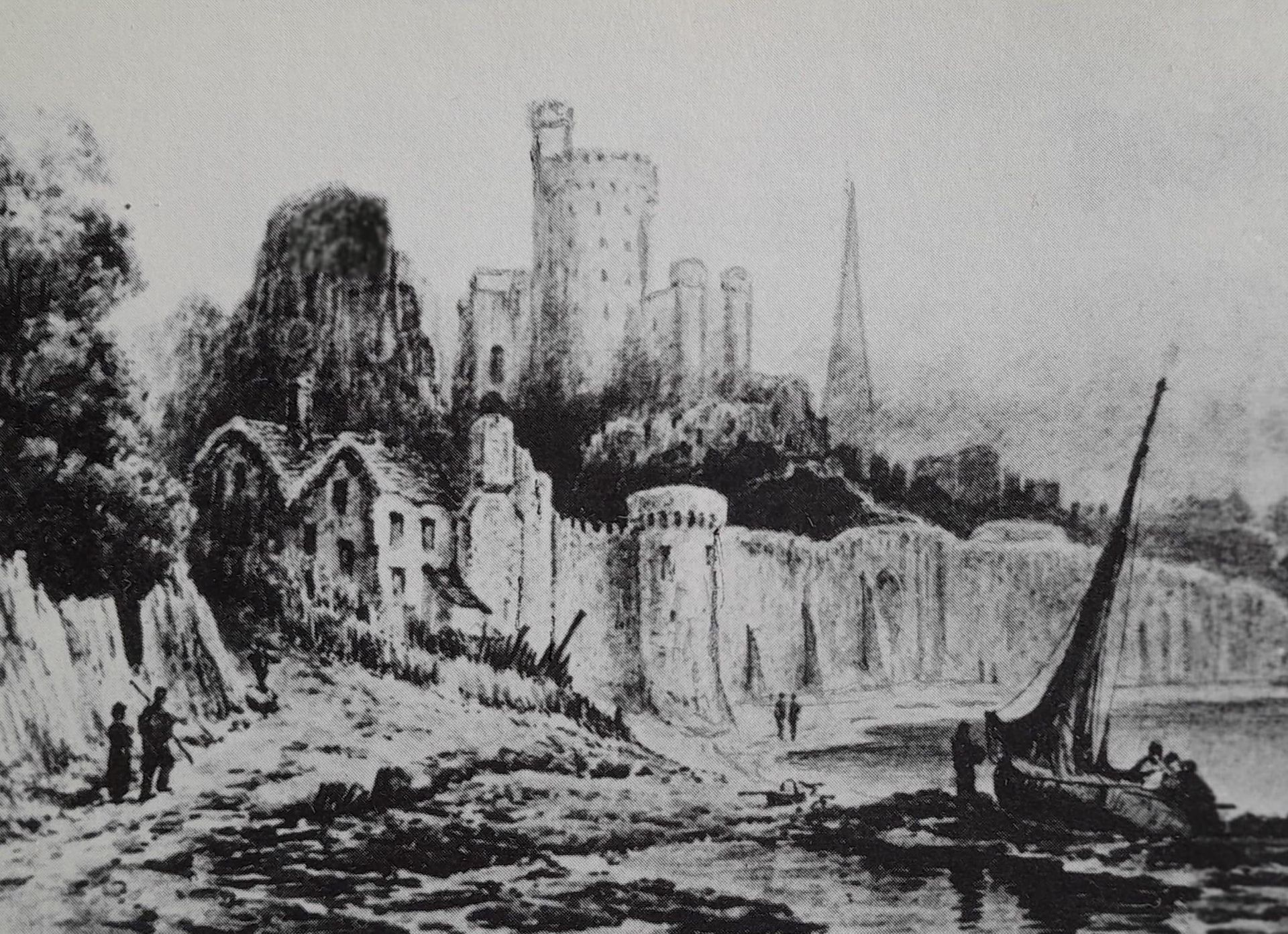 A black and white drawing of a castle with a boat in the foreground