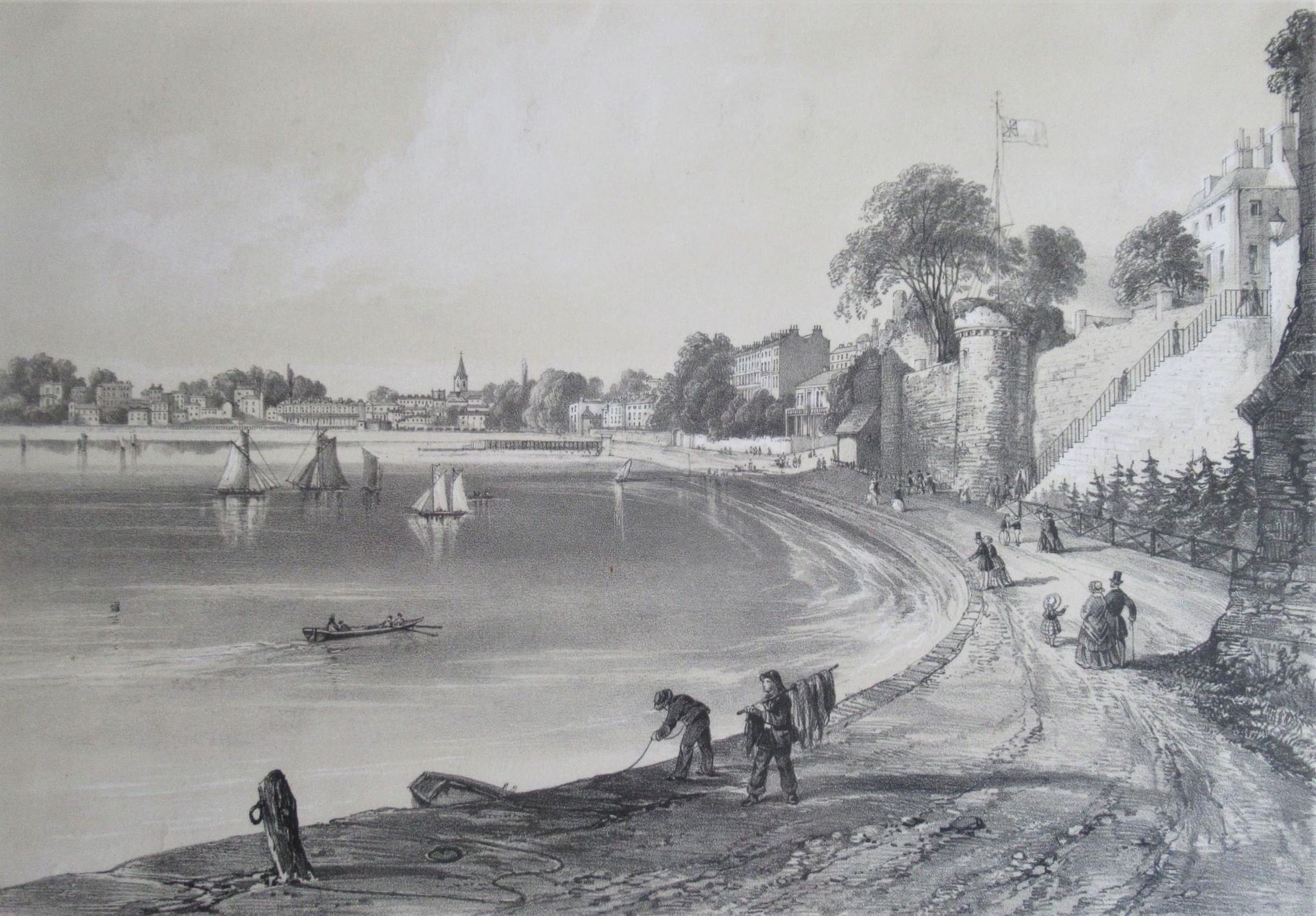 A black and white drawing of a beach with boats in the water.