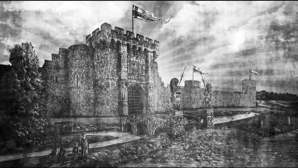A black and white drawing of a castle with a flag flying in the sky.