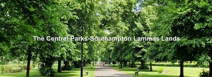 A row of trees in a park with the words the central parks southhampton lammas lands