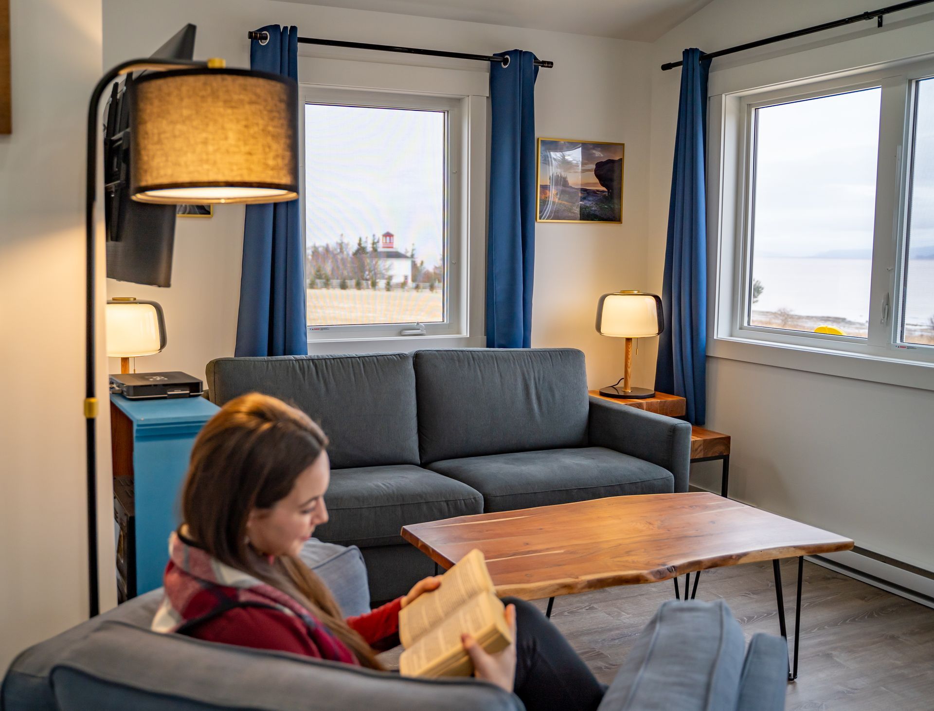 living area with windows over looking the bay of fundy