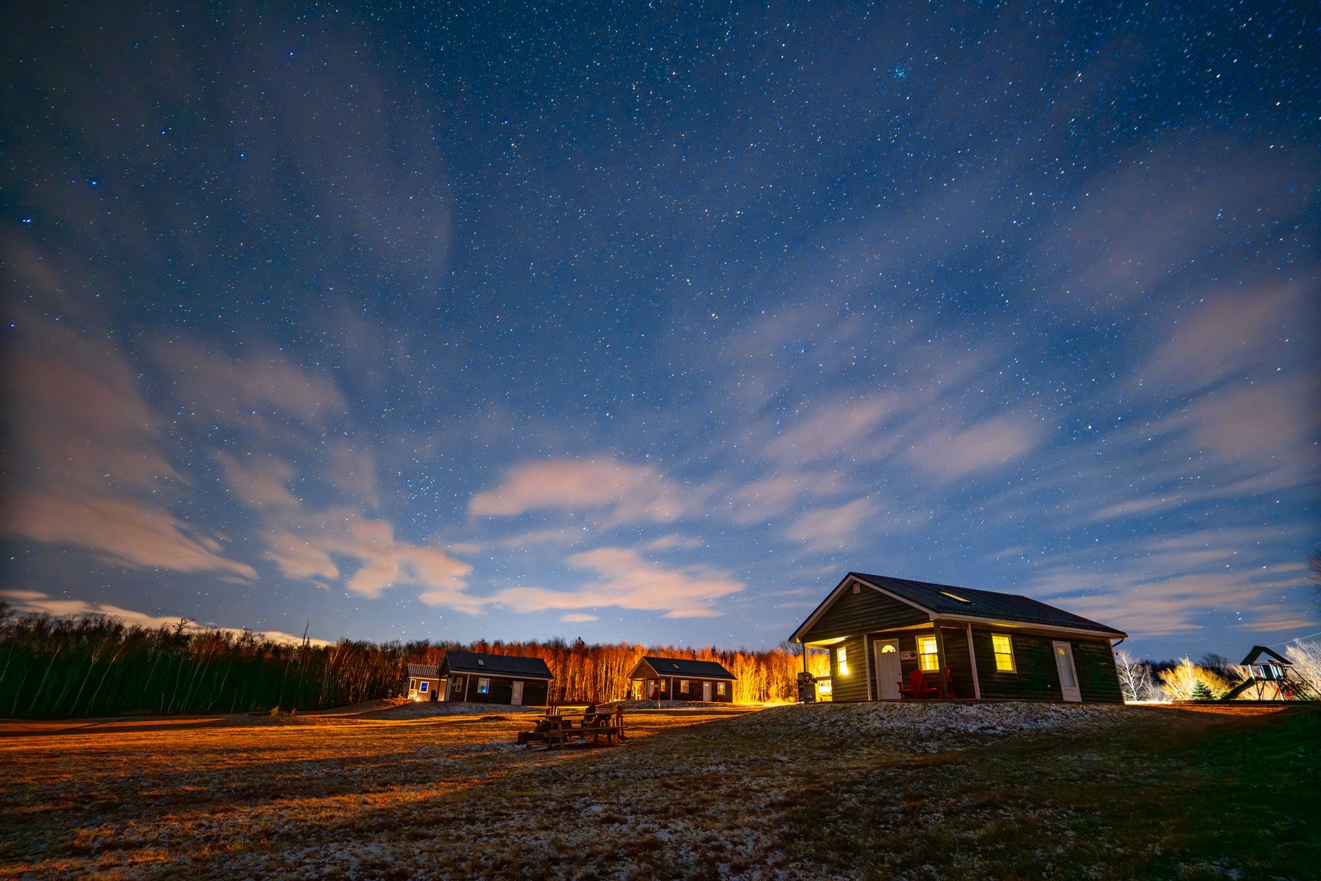 star gazing at night with cottages over looking the bay of fundy