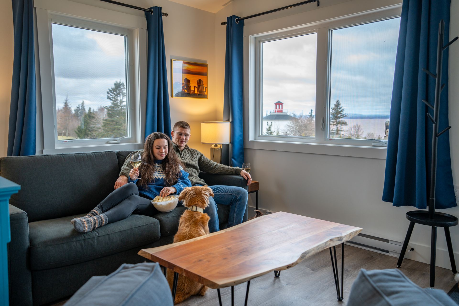 living area with windows over looking the bay of fundy