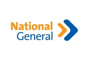 National General Insurance logo: orange text and arrows on a blue background.
