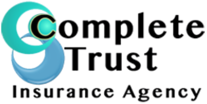 Logo for Complete Trust Insurance Agency: teal and blue crescent shapes, black text.