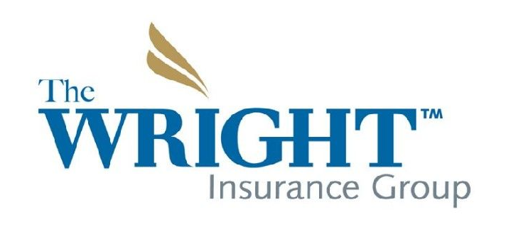 Logo for The Wright Insurance Group; blue font with gold feather design.