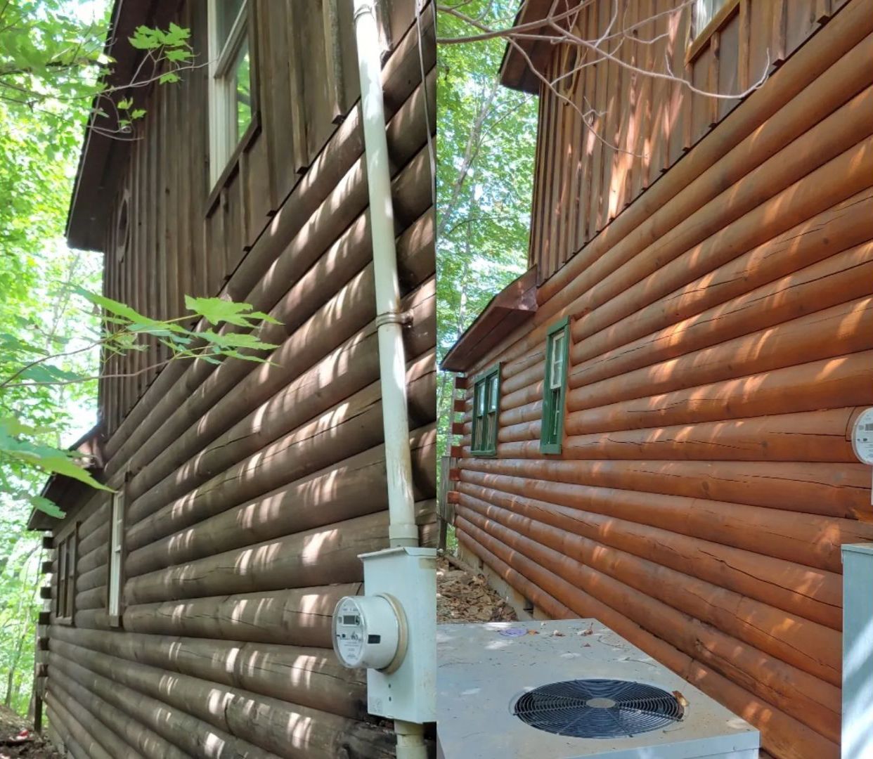Log cabin exterior with brown logs, white utility box, and HVAC unit.