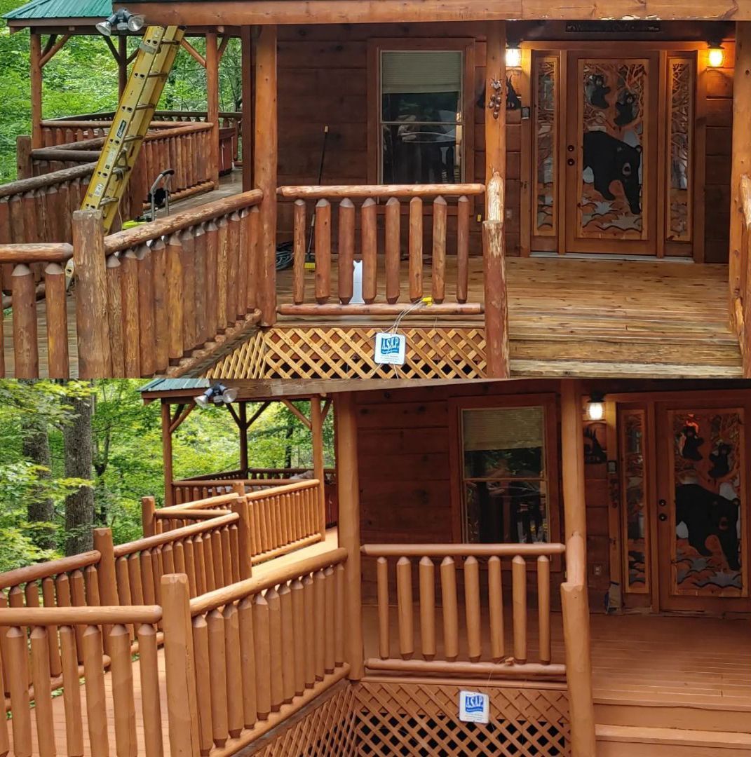 Wooden cabin exterior with porch, railings, and a detailed front door.
