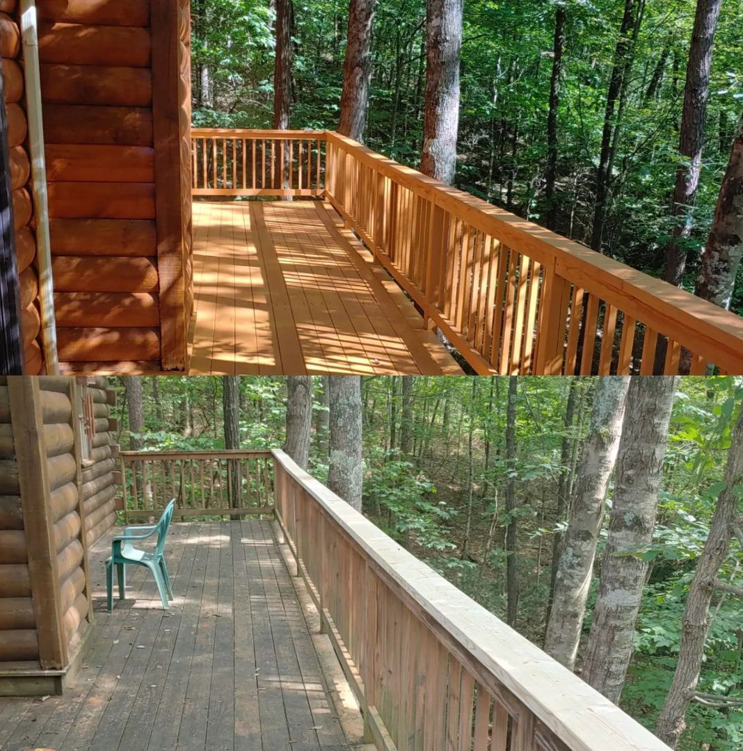 Two photos showing a wooden deck attached to a cabin in a forest.