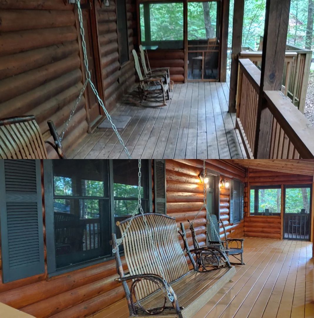 Two views of a wooden porch, one before and after a renovation, with rocking chairs and a swing.
