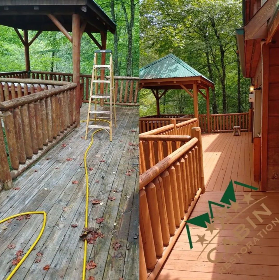Before and after photo of a deck restoration project. 