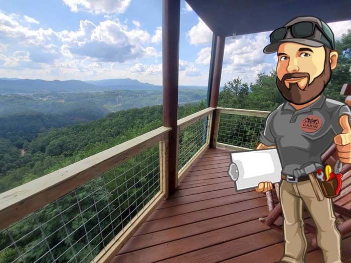 Cartoon man with thumbs up, holding plans on a deck overlooking mountains.