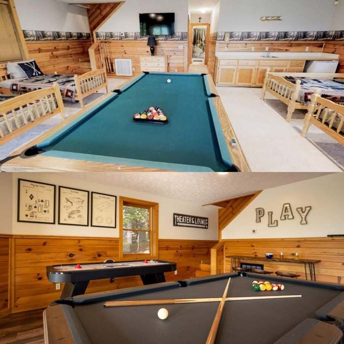 Two recreational rooms with pool tables and wooden paneled walls. 