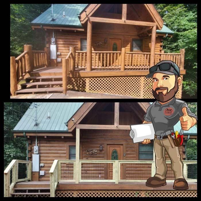 Comparison of a wooden cabin's before and after deck. 